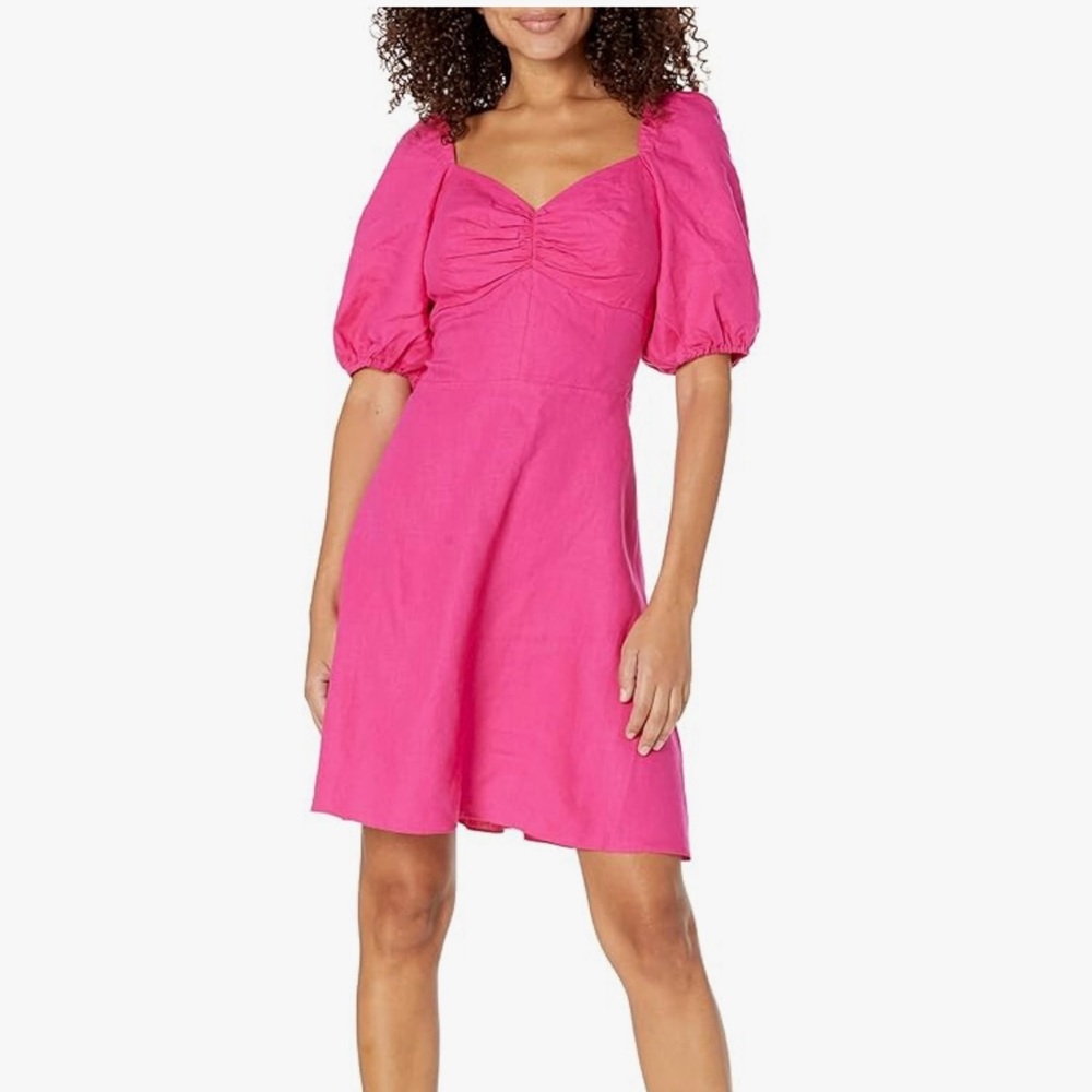 NWT The Drop Women's Nala Twist-Front Linen Mini Puff Sleeve Dress Pink Medium